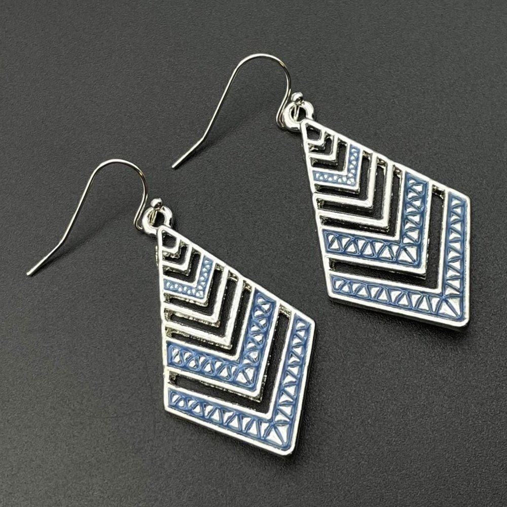 Silver with Blue Enamel Boho Tribal Rhombus Chevron Dangling Drop Hook Earrings